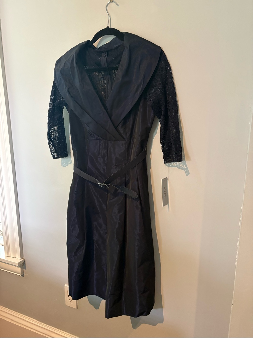 Teri Jon Navy Midi Dress with Lace Three-Quarter Sleeves and Shawl Collar